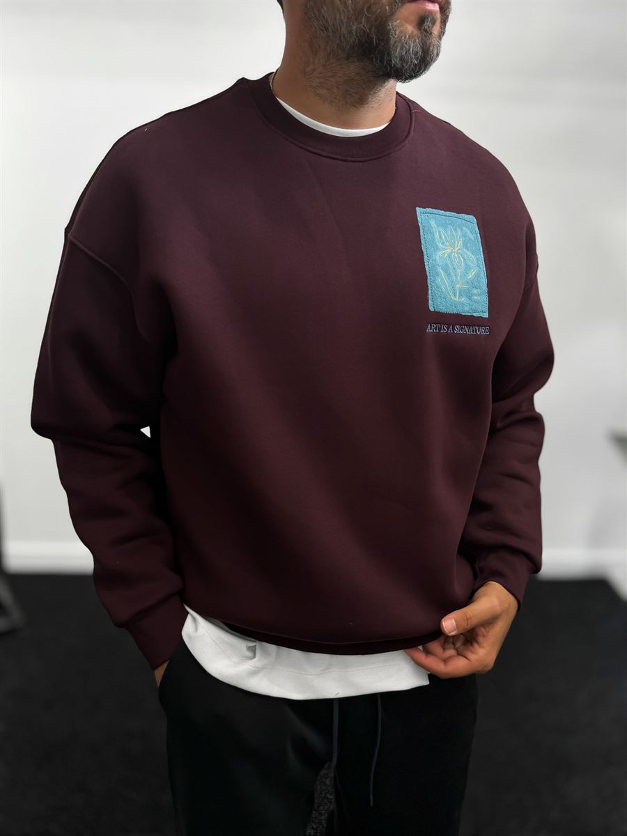 Burgundy Embossed Flower Brushed Sweatshirt TW-7081