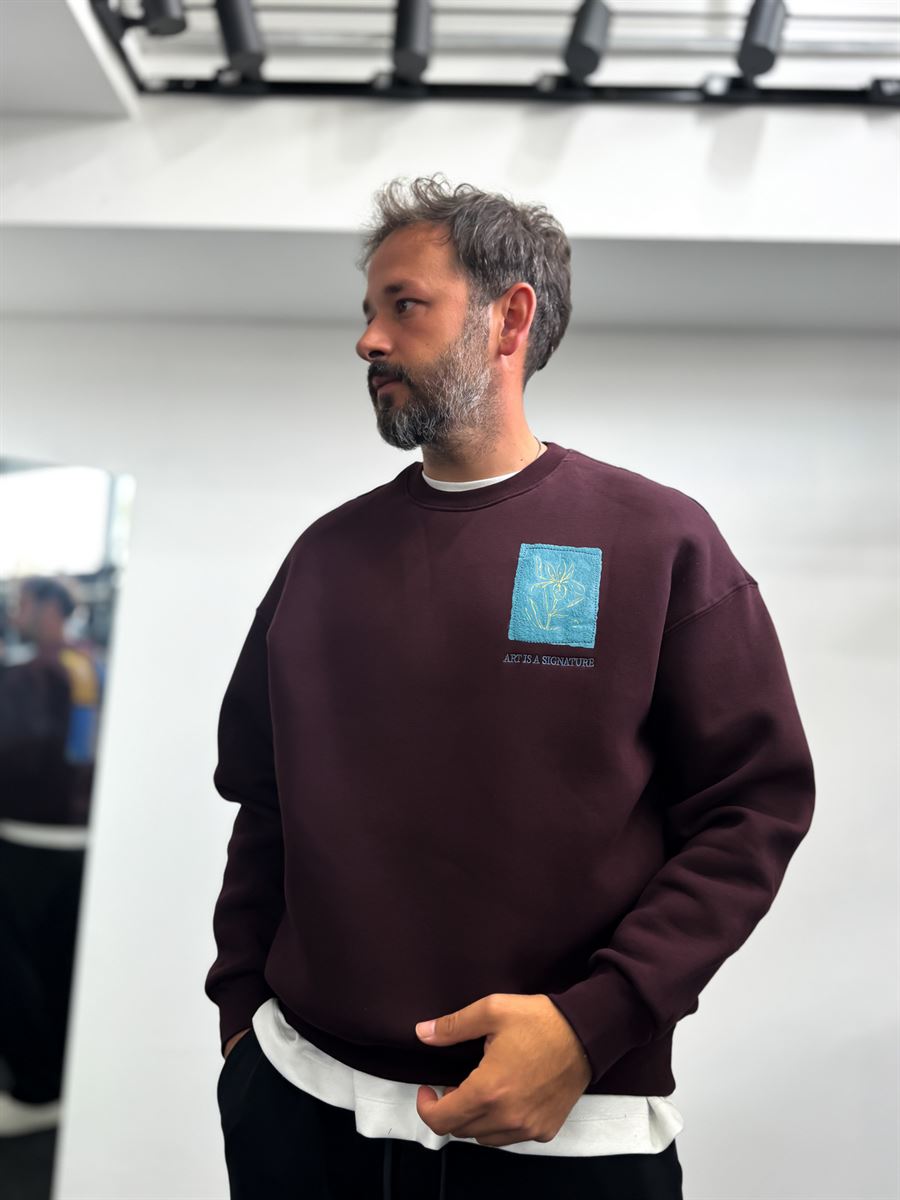 Burgundy Embossed Flower Brushed Sweatshirt TW-7081