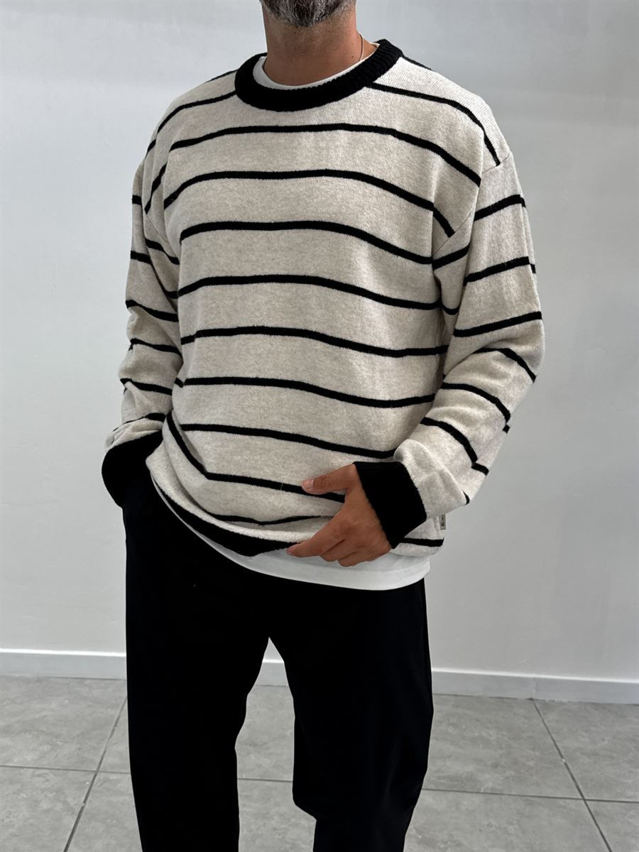 Beige Badge Striped Oversized Sweater SW-6003