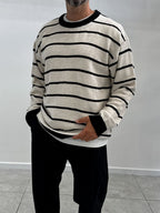 Beige Badge Striped Oversized Sweater SW-6003