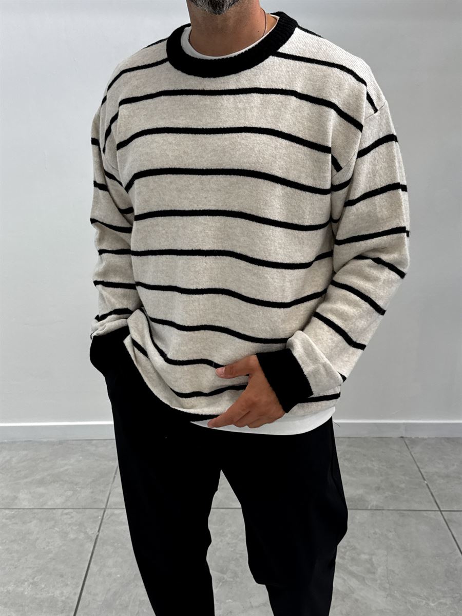 Beige Badge Striped Oversized Sweater SW-6003