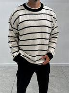 Beige Badge Striped Oversized Sweater SW-6003