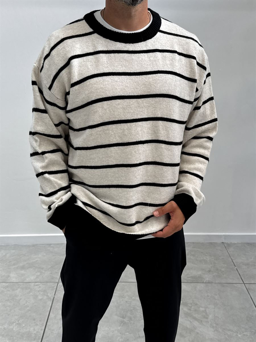 Beige Badge Striped Oversized Sweater SW-6003