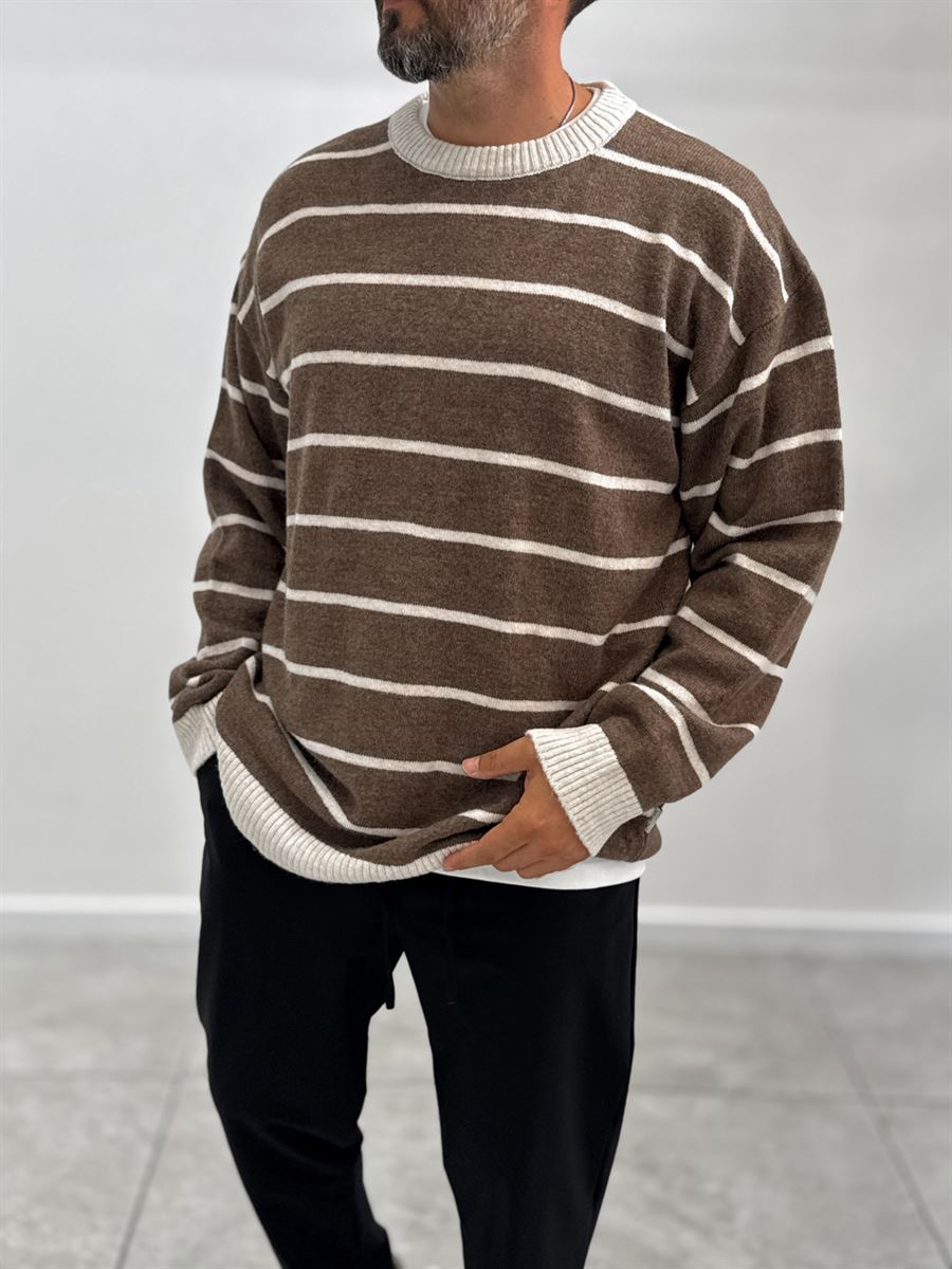 Brown Badge Striped Oversized Sweater SW-6003