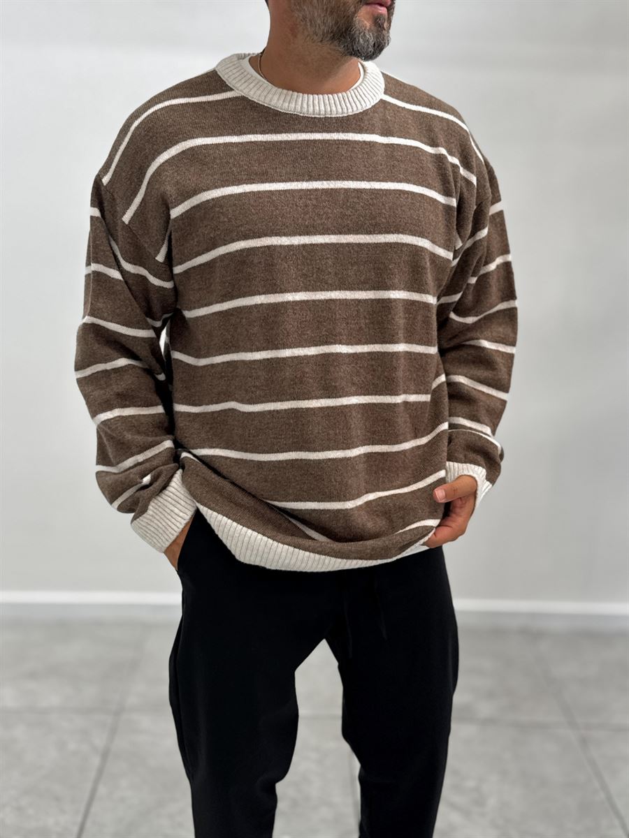 Brown Badge Striped Oversized Sweater SW-6003