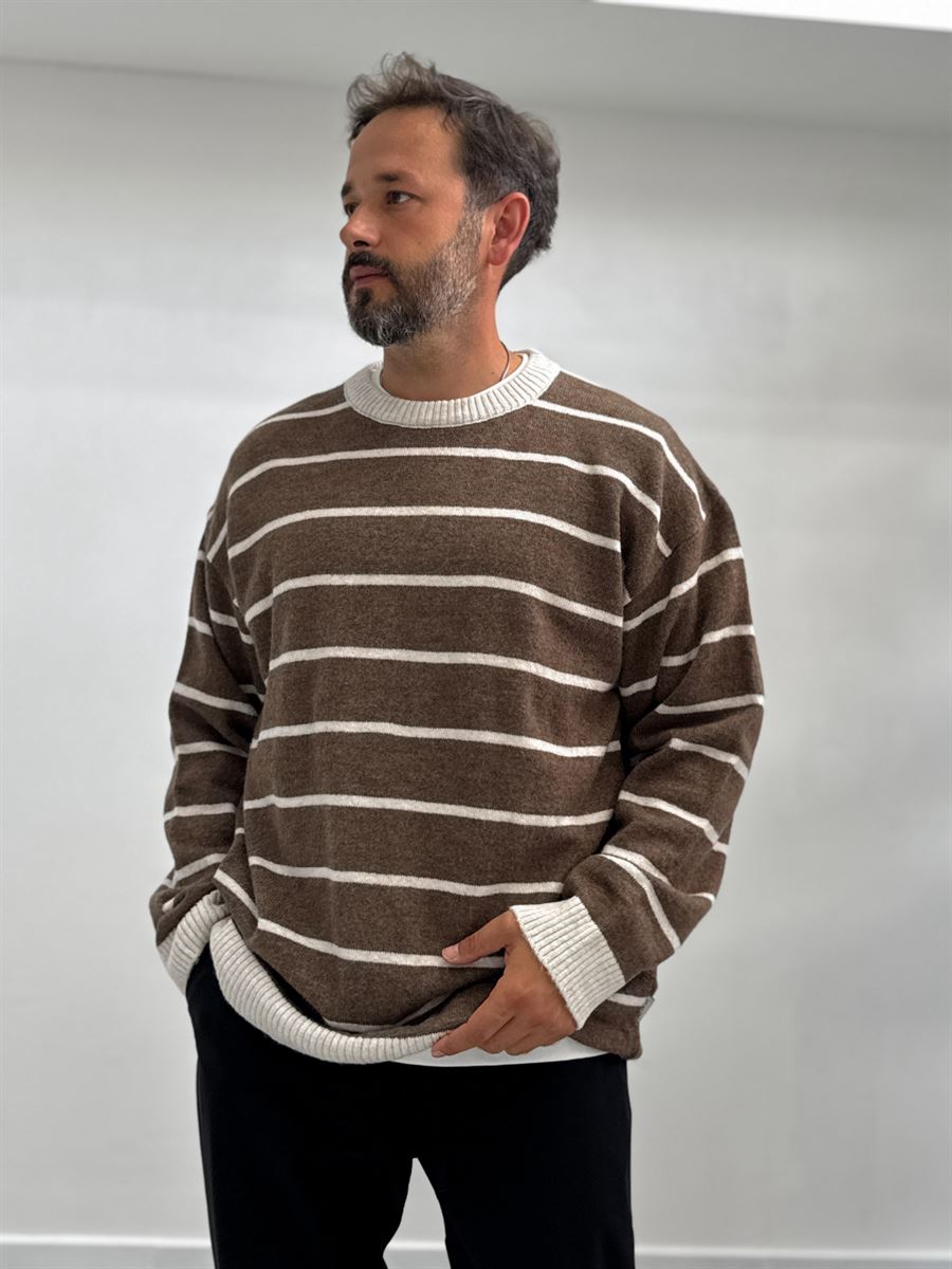 Brown Badge Striped Oversized Sweater SW-6003
