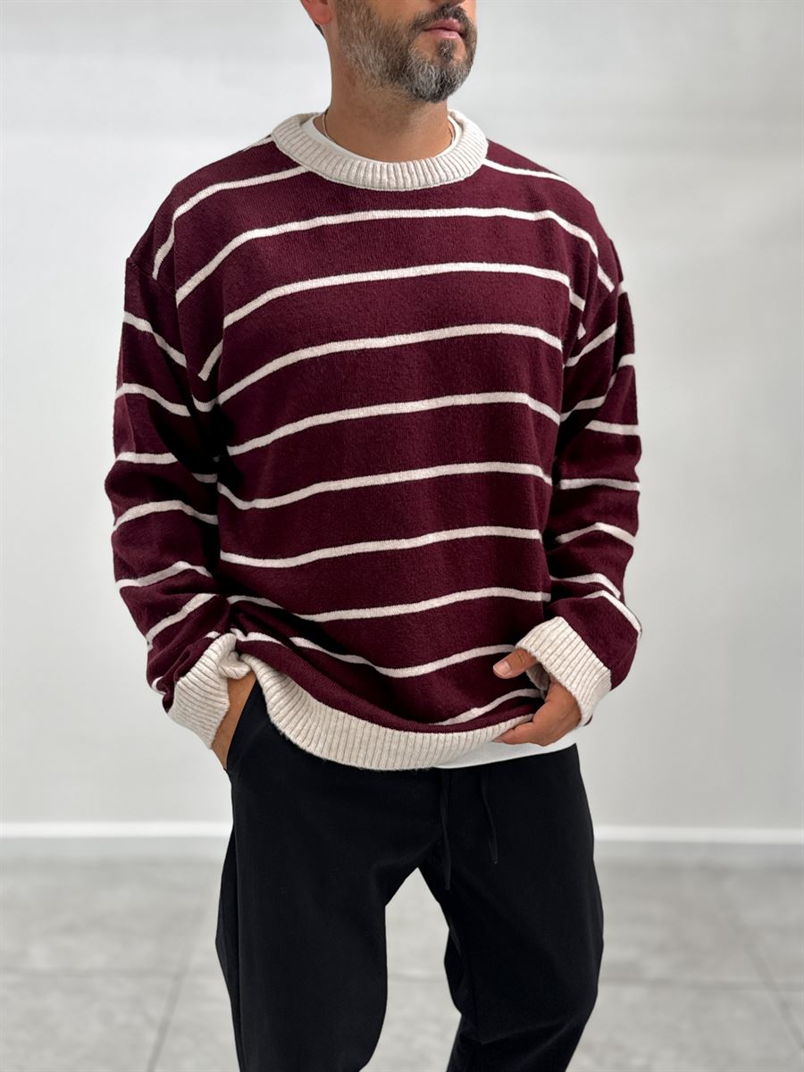 Burgundy Badge Striped Oversized Sweater SW-6003