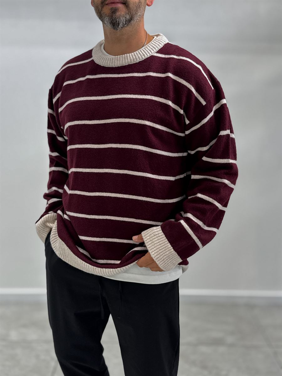 Burgundy Badge Striped Oversized Sweater SW-6003