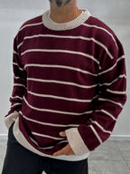 Burgundy Badge Striped Oversized Sweater SW-6003