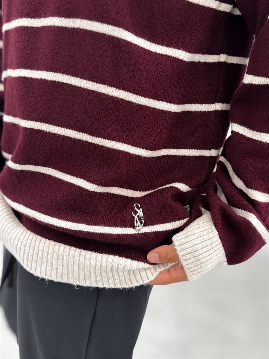 Burgundy Badge Striped Oversized Sweater SW-6003