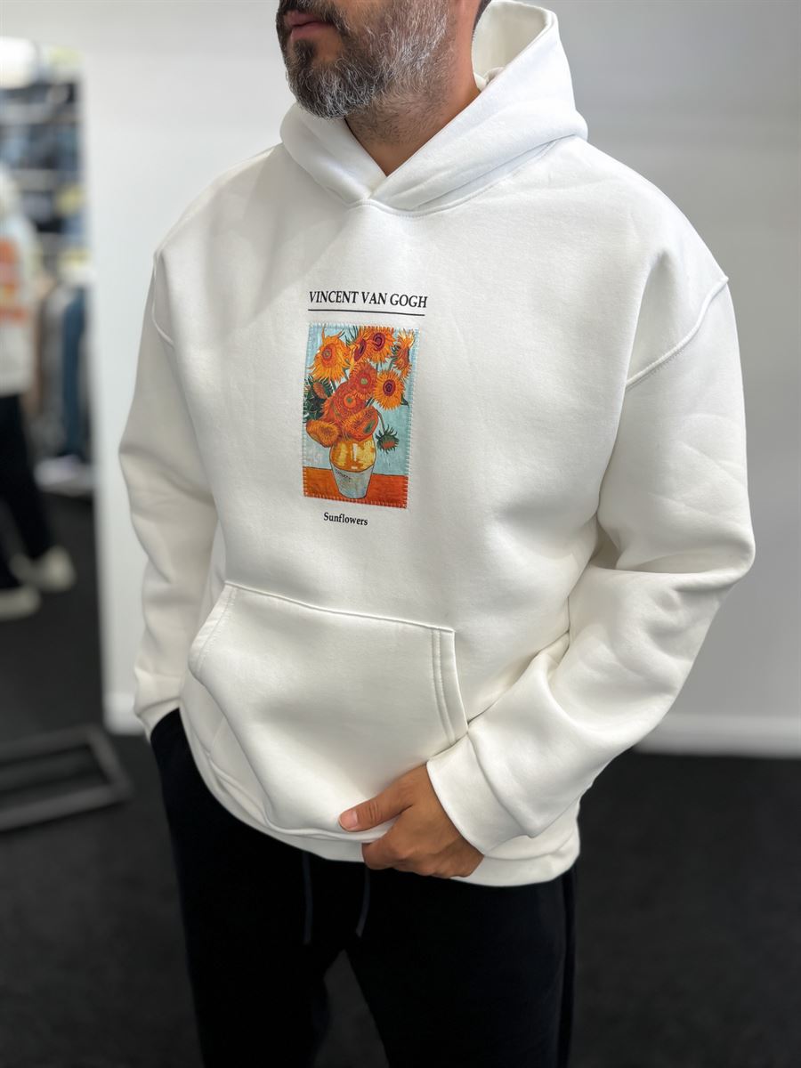 White Vincent Patch Hooded Sweatshirt SW-5202