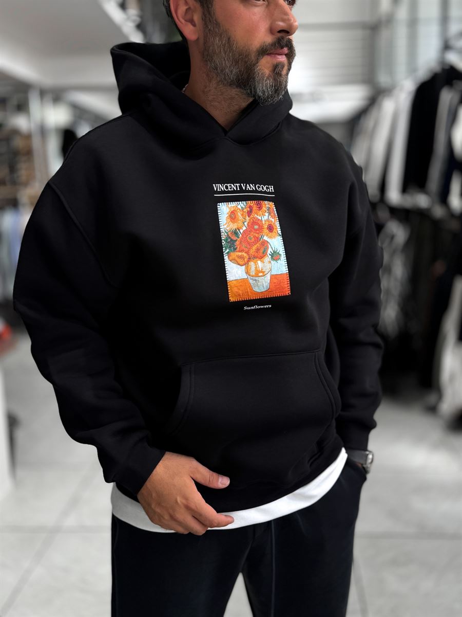 Black Vincent Patch Hooded Sweatshirt SW-5202