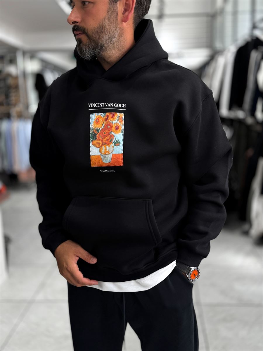 Black Vincent Patch Hooded Sweatshirt SW-5202