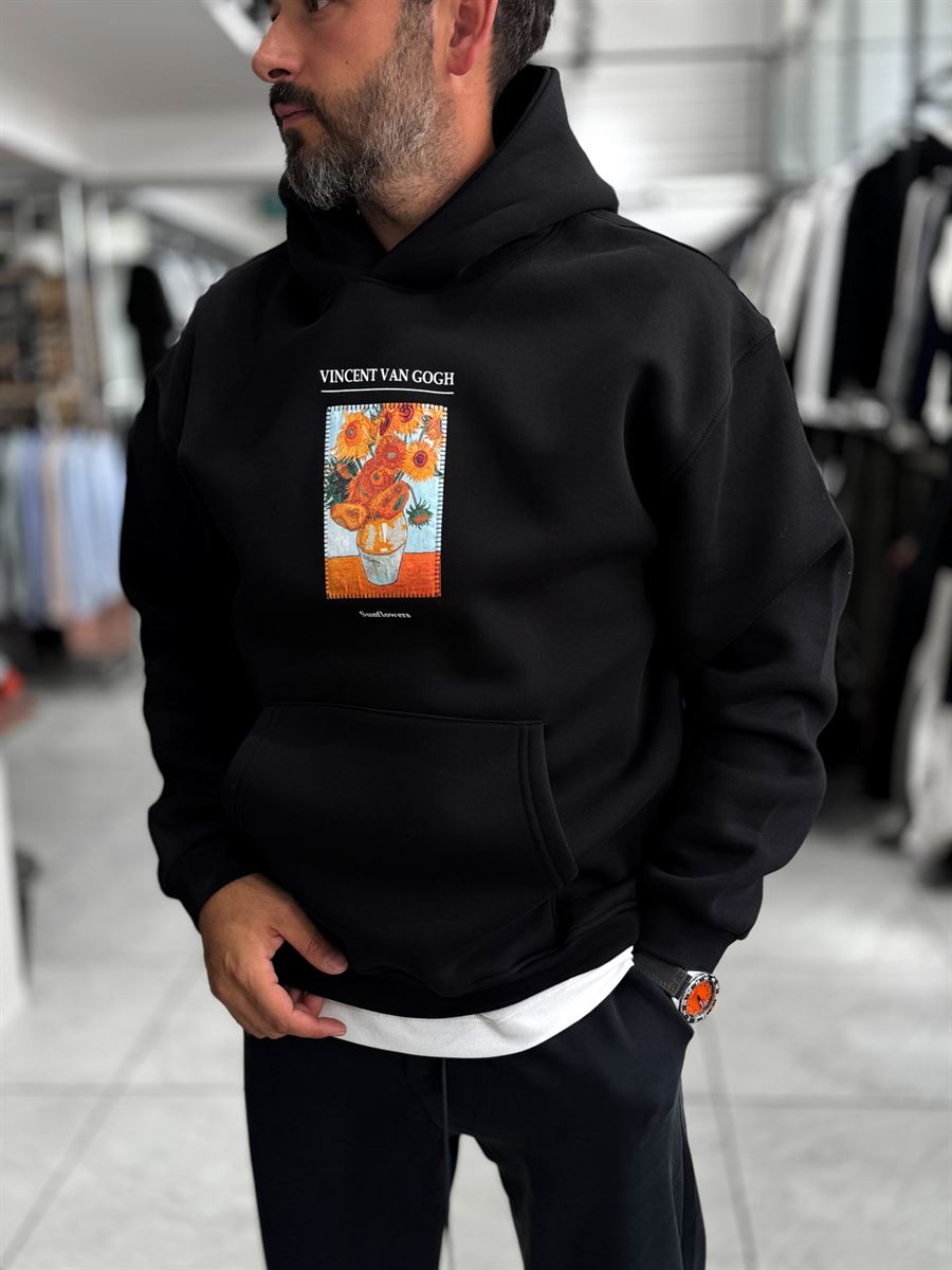 Black Vincent Patch Hooded Sweatshirt SW-5202