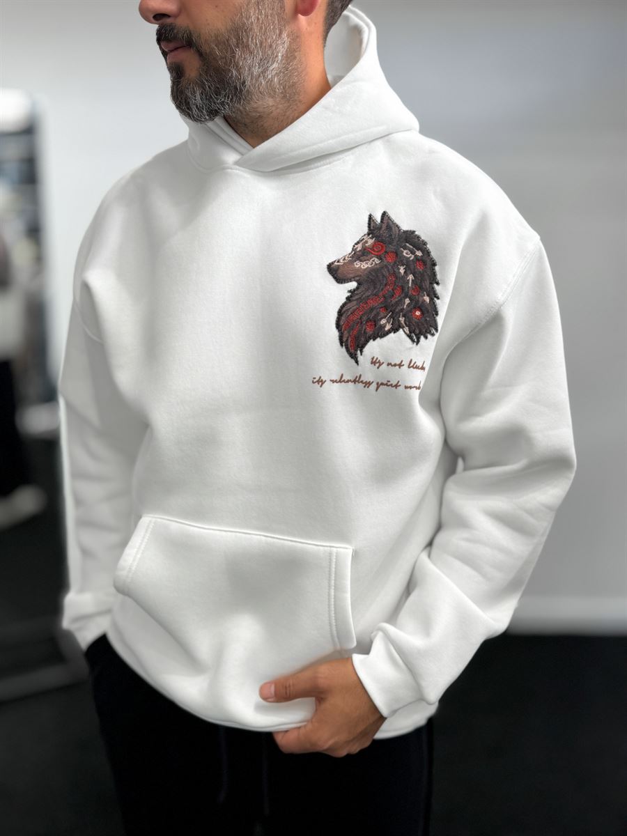 White Wolf Embroidered Hooded Sweatshirt SW-5208