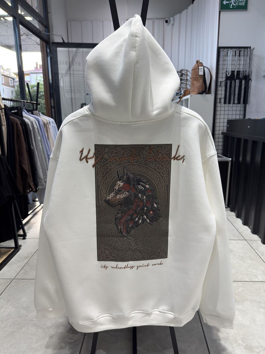 White Wolf Embroidered Hooded Sweatshirt SW-5208