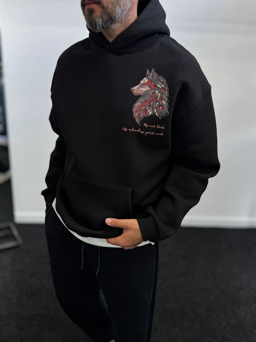 Black Wolf Embroidered Hooded Sweatshirt SW-5208