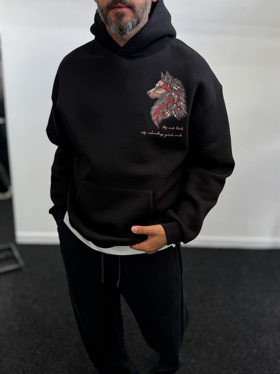 Black Wolf Embroidered Hooded Sweatshirt SW-5208