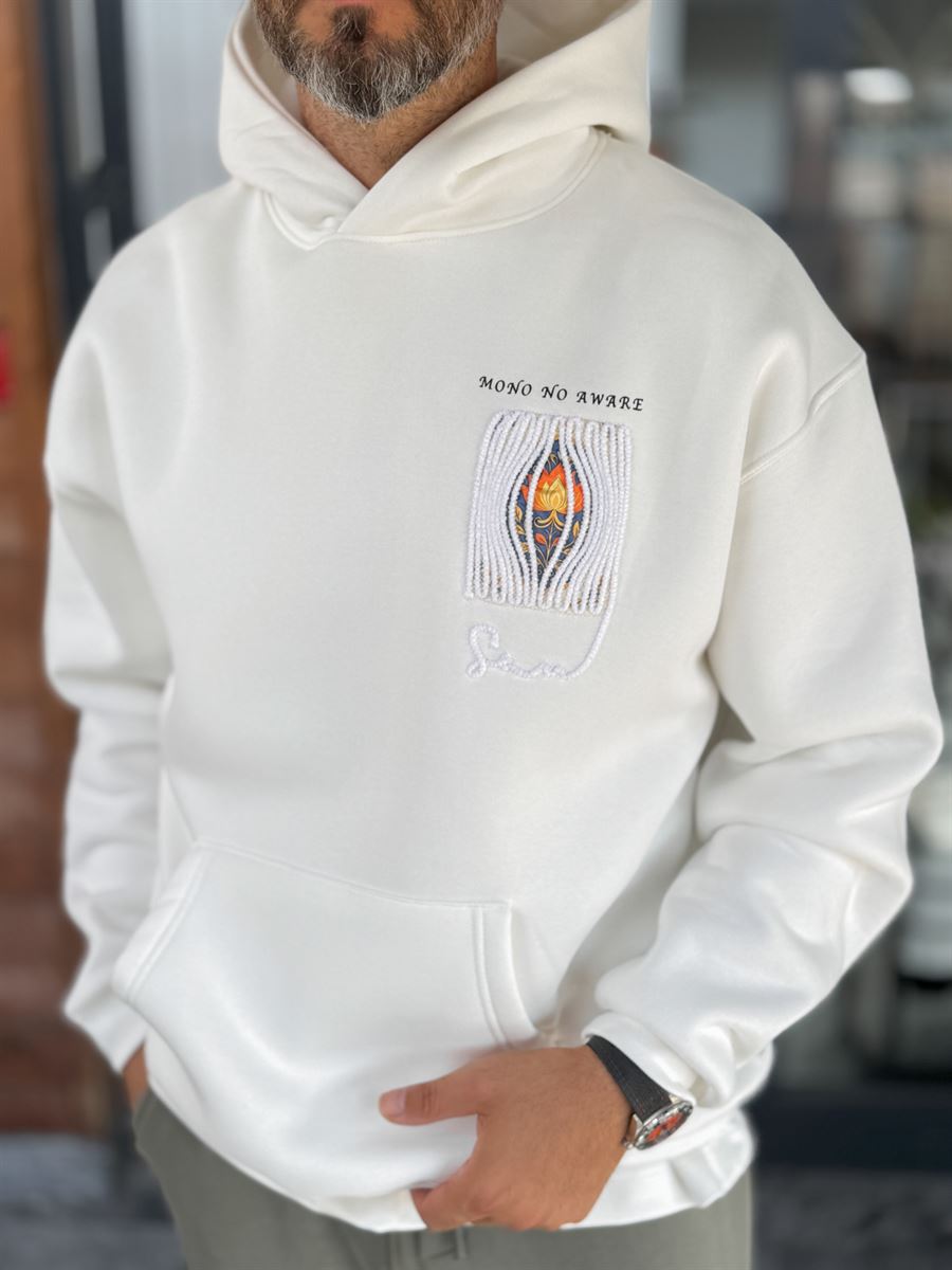 White Mono Patch Hooded Sweatshirt SW-5212