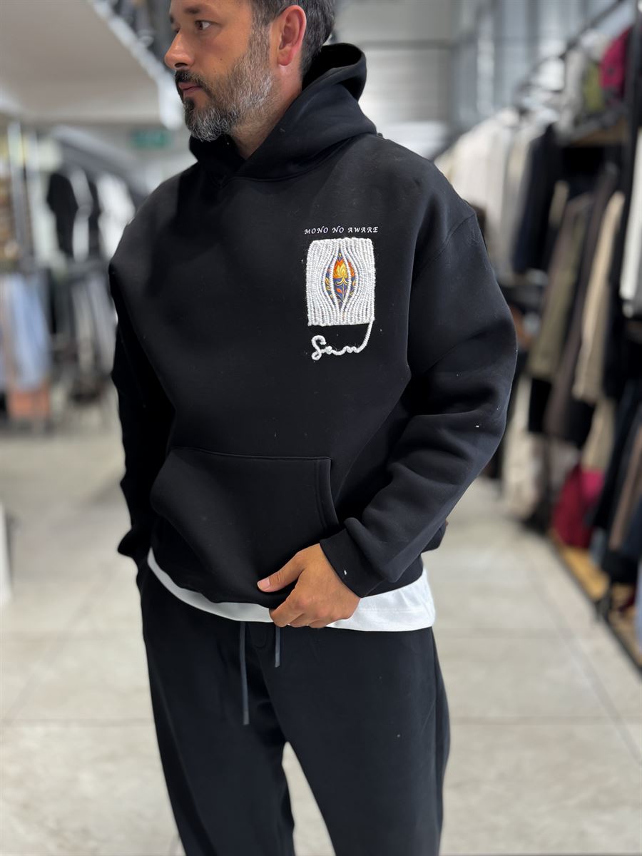 Black Mono Patch Hooded Sweatshirt SW-5212