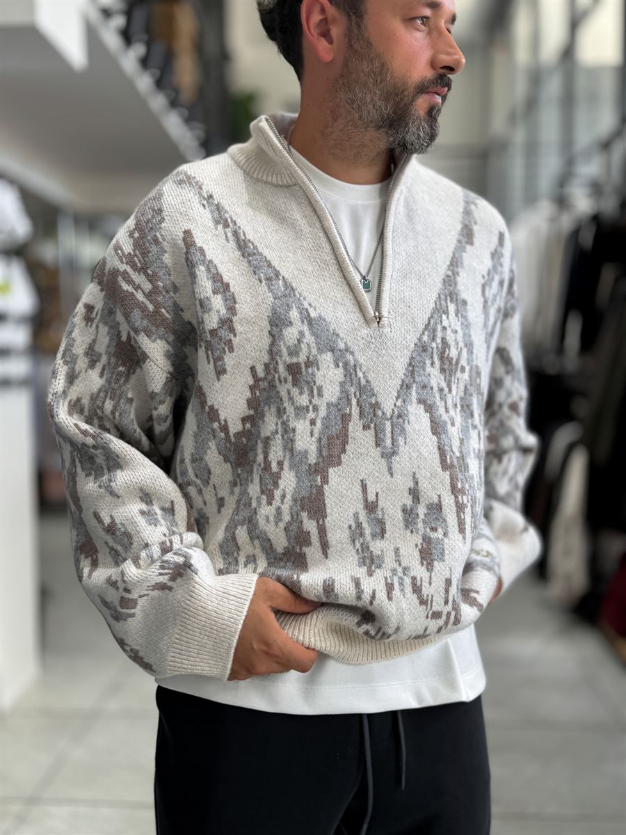 Beige Half-Zip Patterned Sweater SW-6001