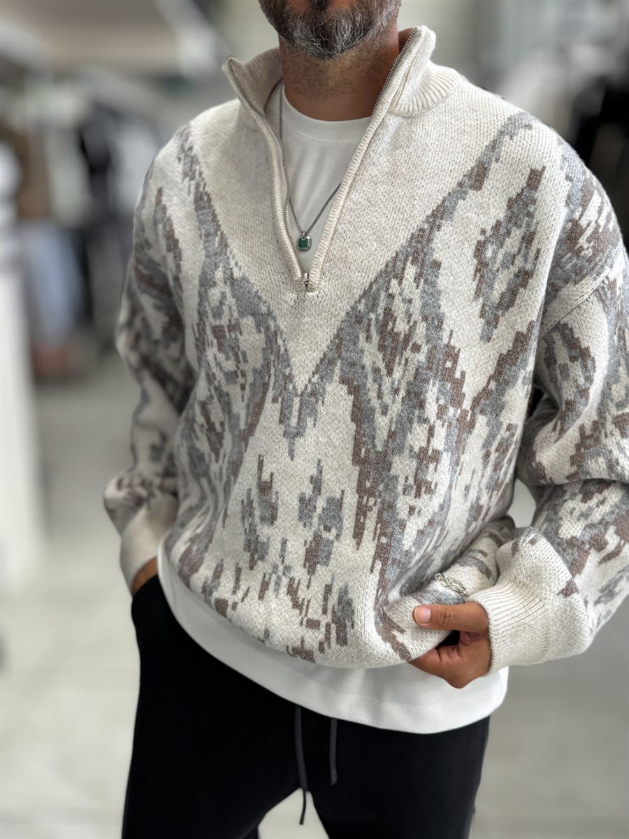 Beige Half-Zip Patterned Sweater SW-6001
