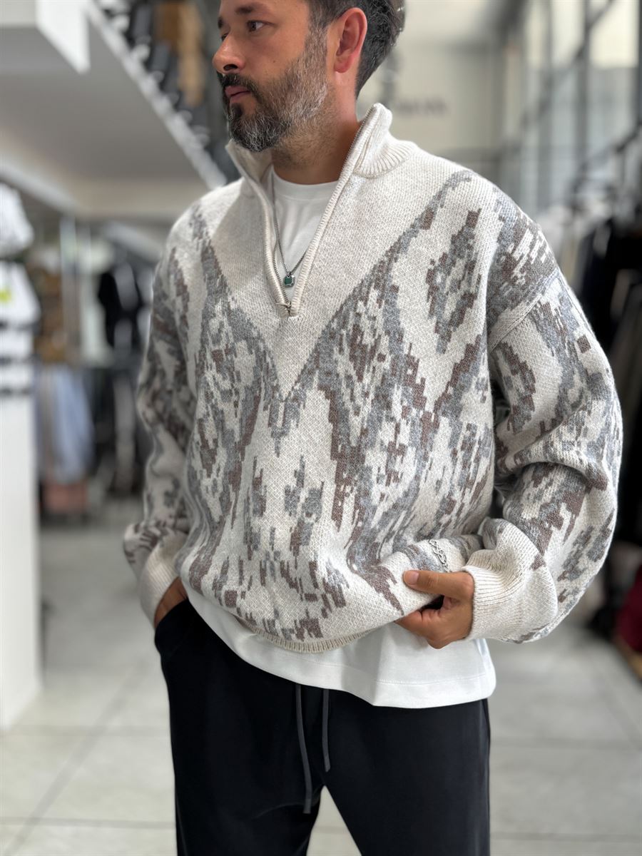 Beige Half-Zip Patterned Sweater SW-6001