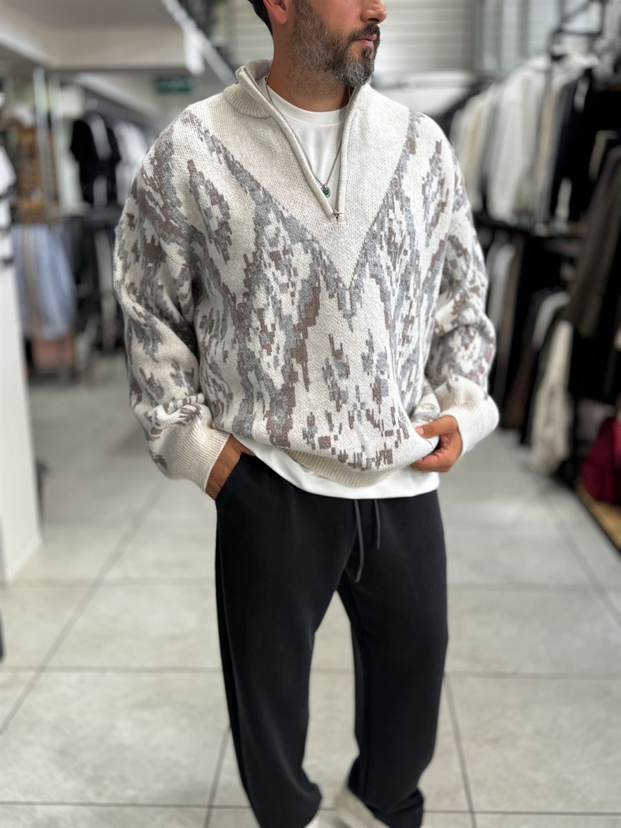 Beige Half-Zip Patterned Sweater SW-6001