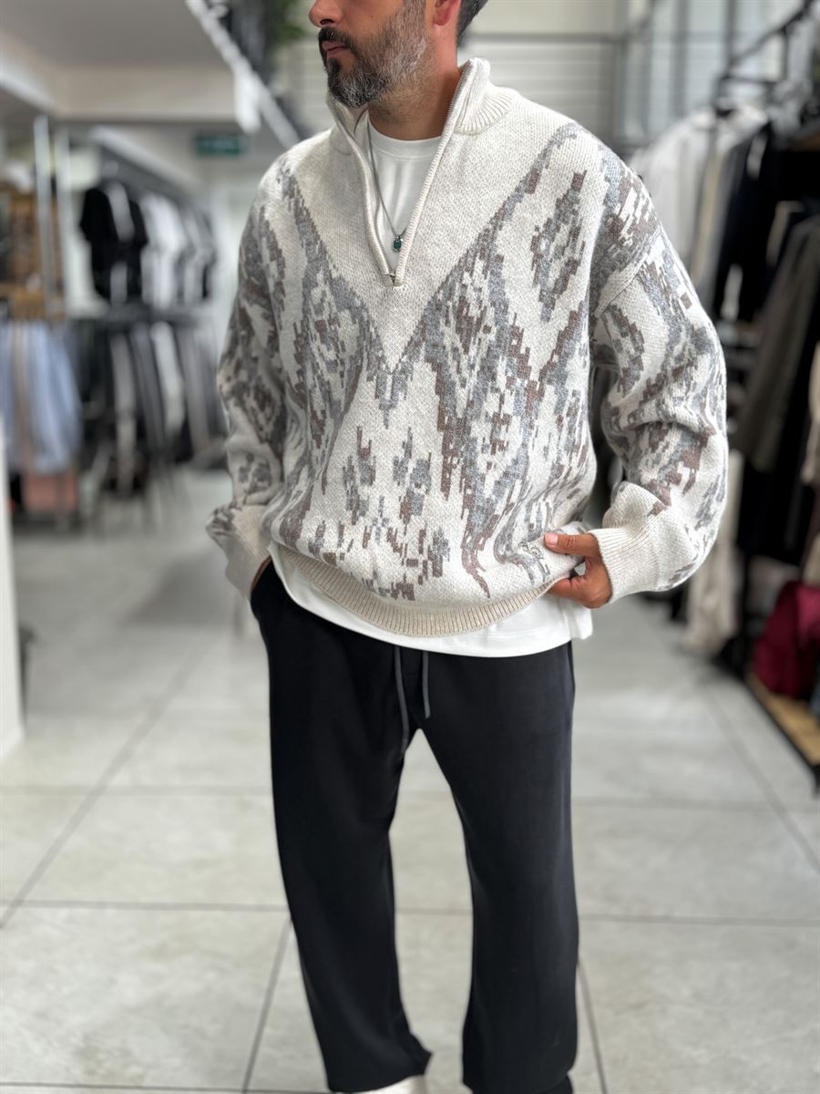 Beige Half-Zip Patterned Sweater SW-6001