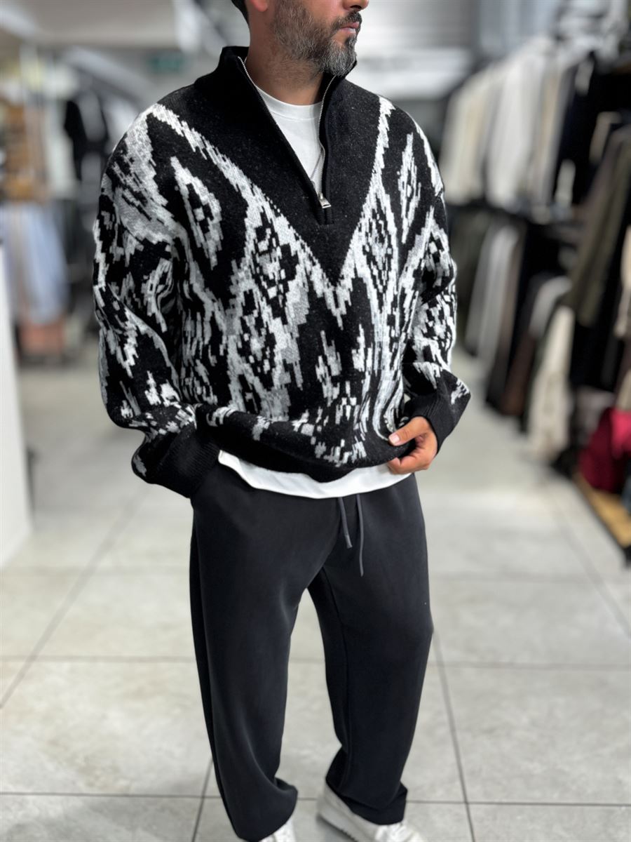 Black Half-Zip Patterned Sweater SW-6001