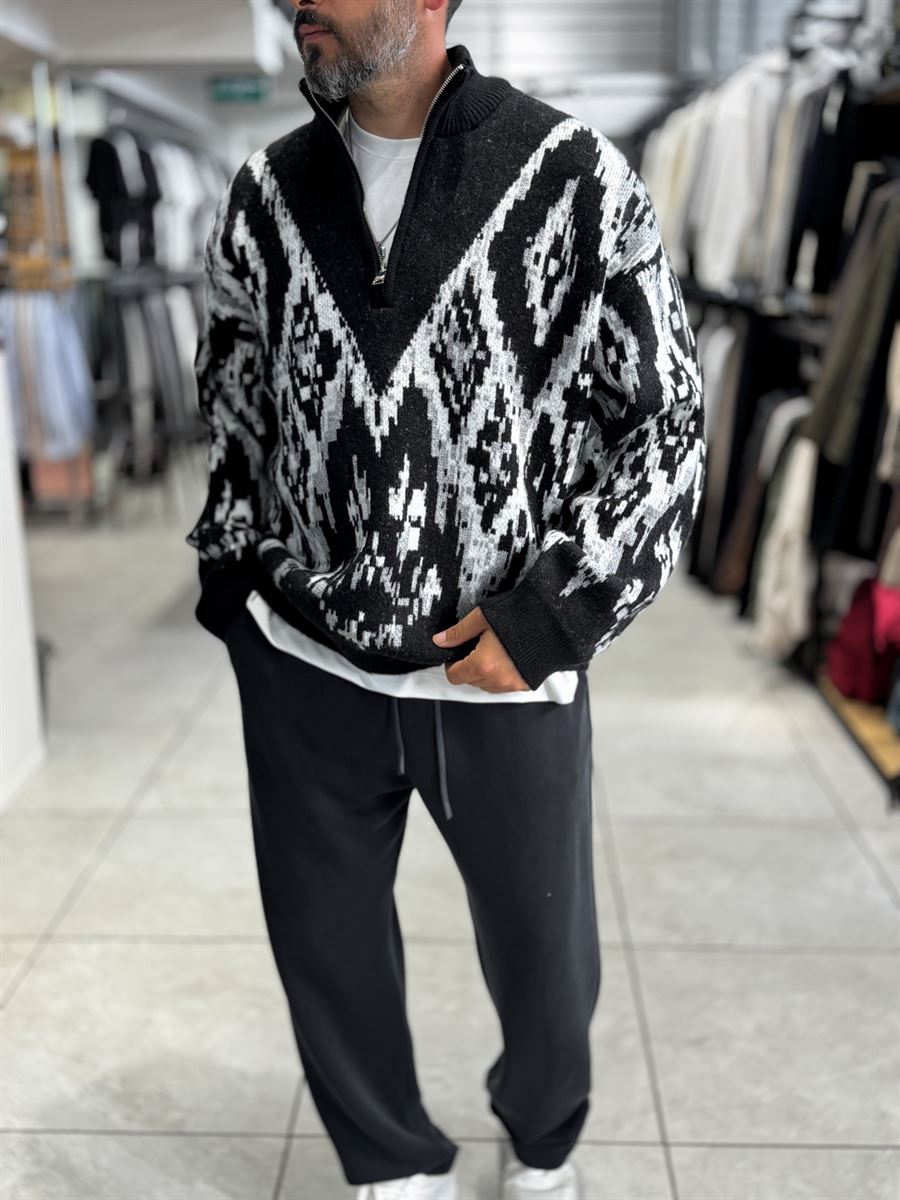 Black Half-Zip Patterned Sweater SW-6001