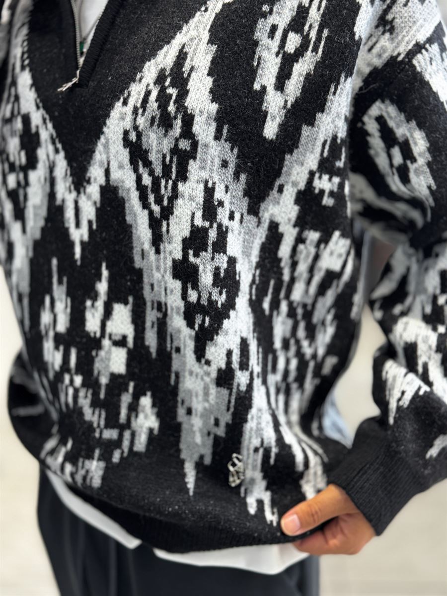 Black Half-Zip Patterned Sweater SW-6001