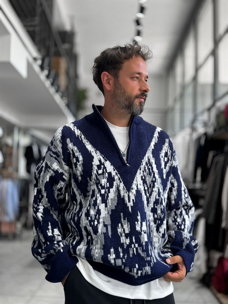 Navy Half-Zip Patterned Sweater SW-6001
