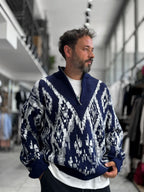 Navy Half-Zip Patterned Sweater SW-6001