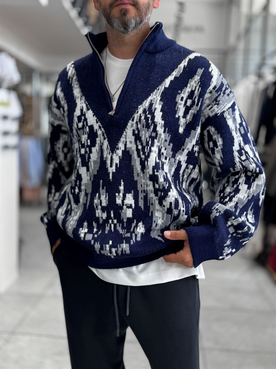Navy Half-Zip Patterned Sweater SW-6001