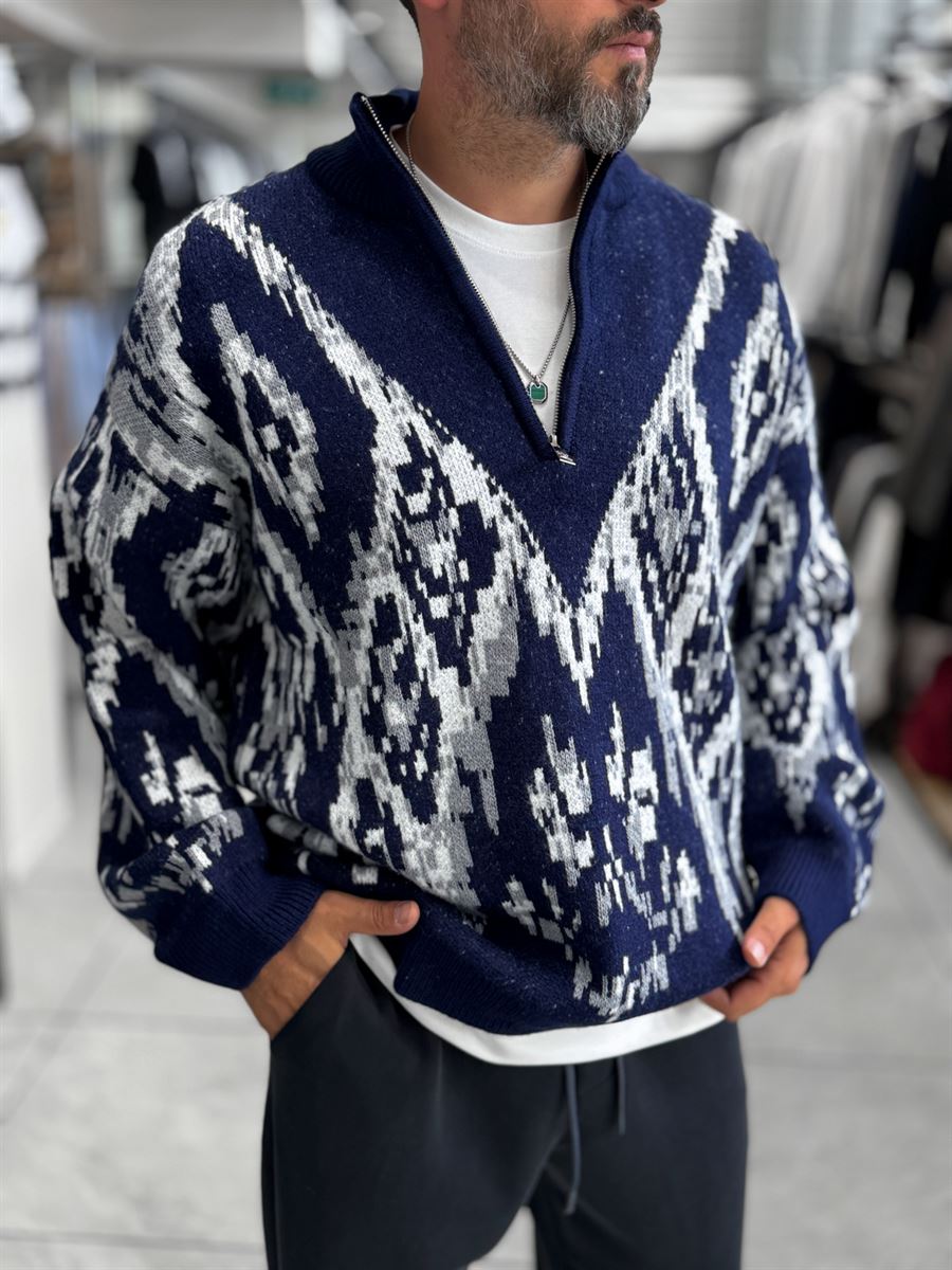 Navy Half-Zip Patterned Sweater SW-6001