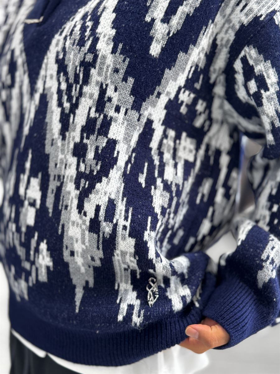 Navy Half-Zip Patterned Sweater SW-6001