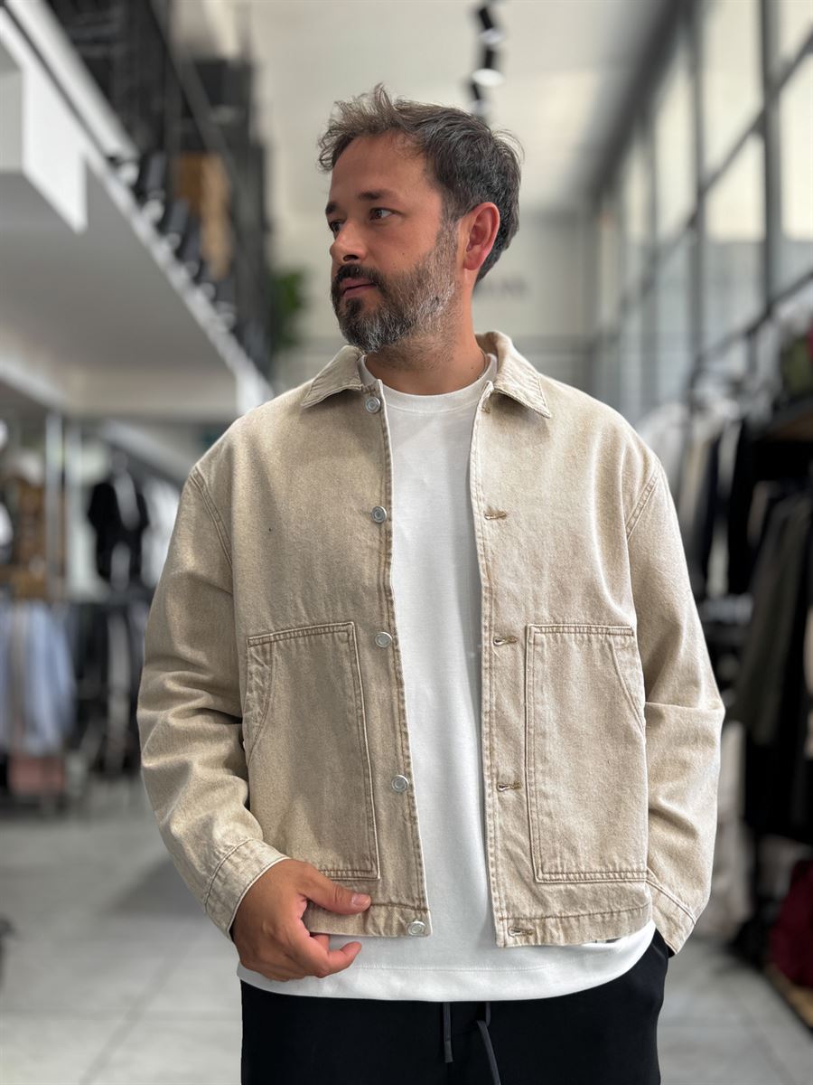 Beige Front Pocket Oversized Denim Jacket DF-3501
