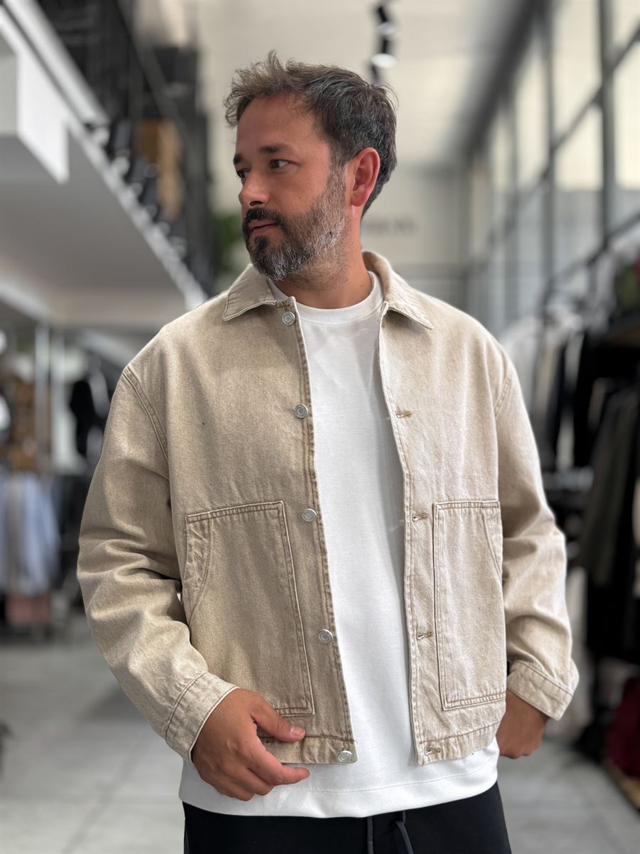 Beige Front Pocket Oversized Denim Jacket DF-3501