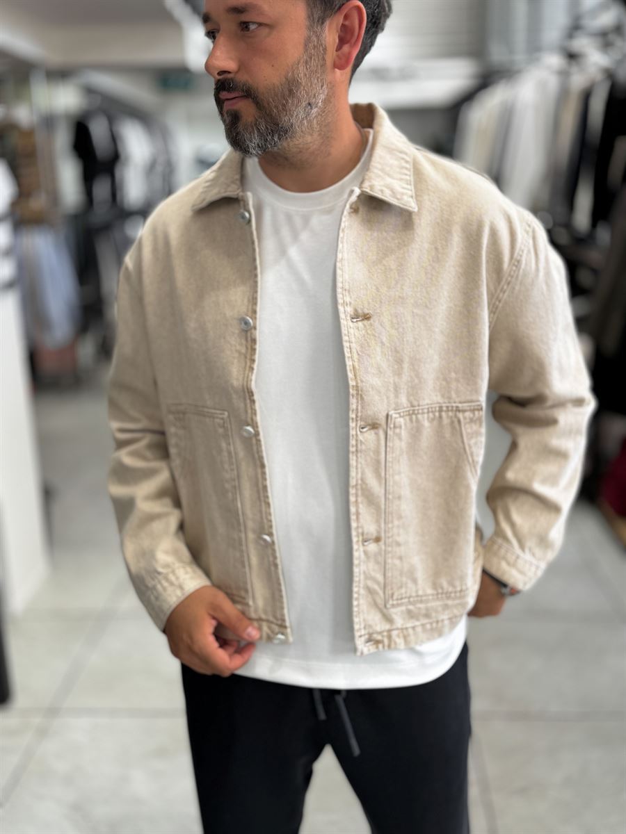 Beige Front Pocket Oversized Denim Jacket DF-3501