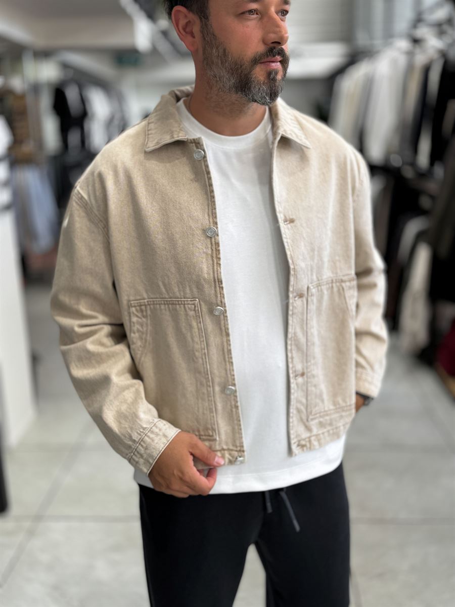 Beige Front Pocket Oversized Denim Jacket DF-3501