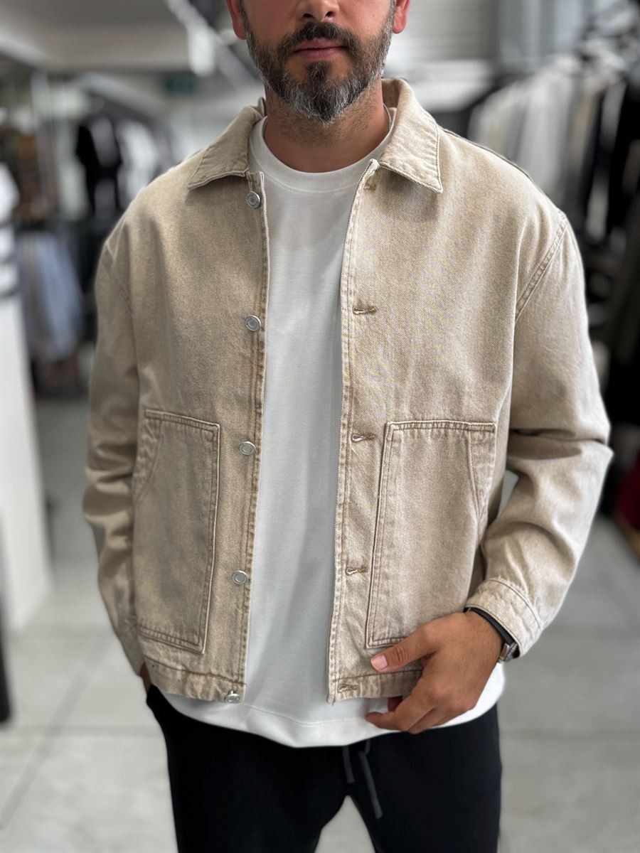 Beige Front Pocket Oversized Denim Jacket DF-3501