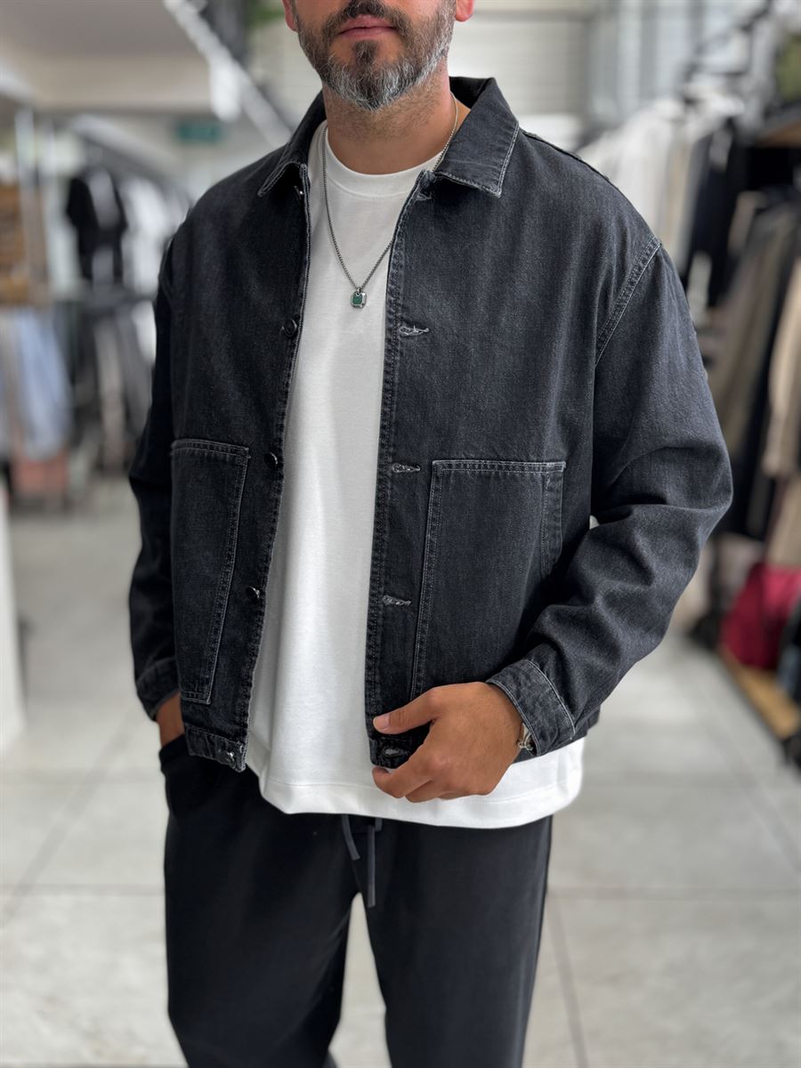 Black Front Pocket Oversized Denim Jacket DF-3501