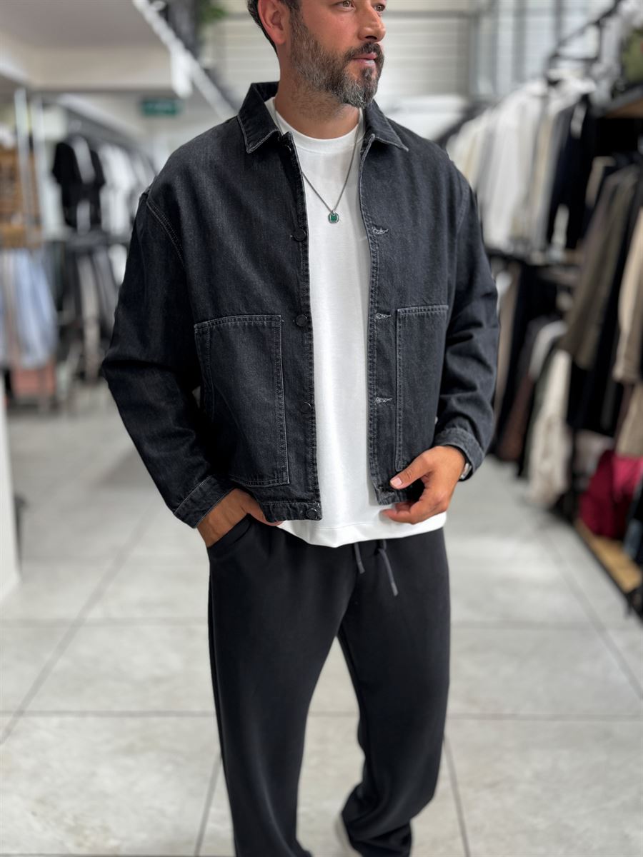 Black Front Pocket Oversized Denim Jacket DF-3501