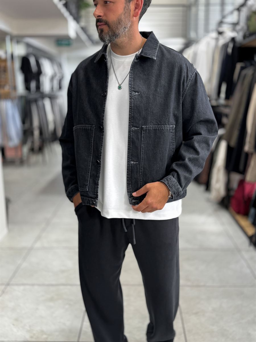 Black Front Pocket Oversized Denim Jacket DF-3501