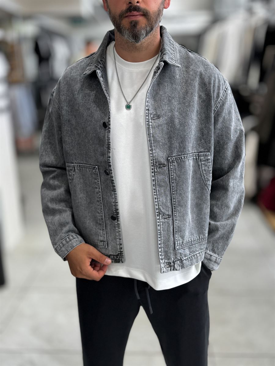 Gray Front Pocket Oversized Denim Jacket DF-3501