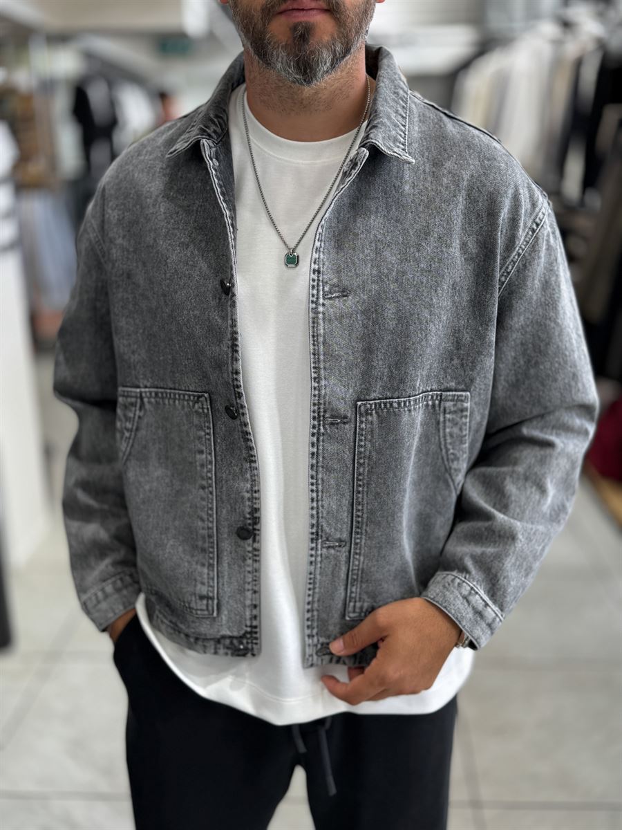 Gray Front Pocket Oversized Denim Jacket DF-3501