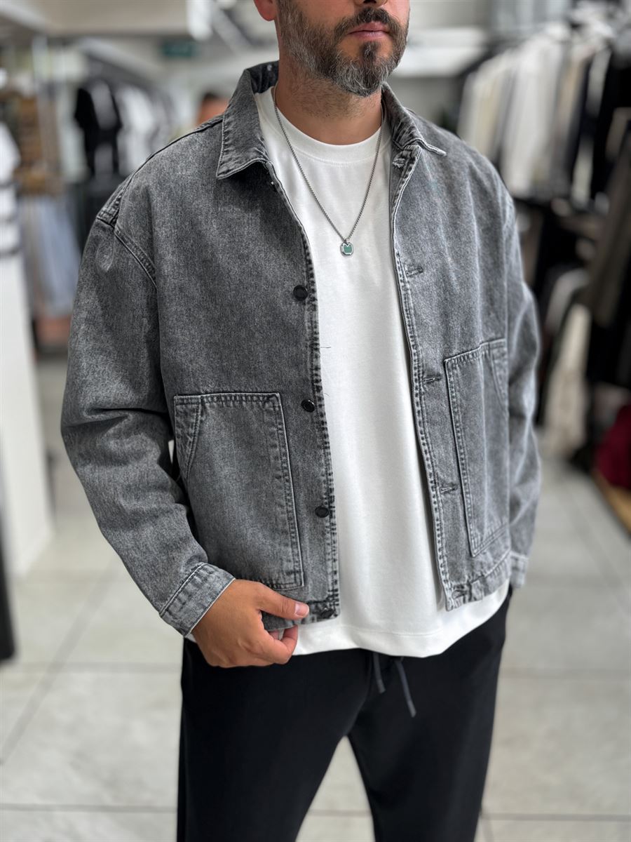 Gray Front Pocket Oversized Denim Jacket DF-3501