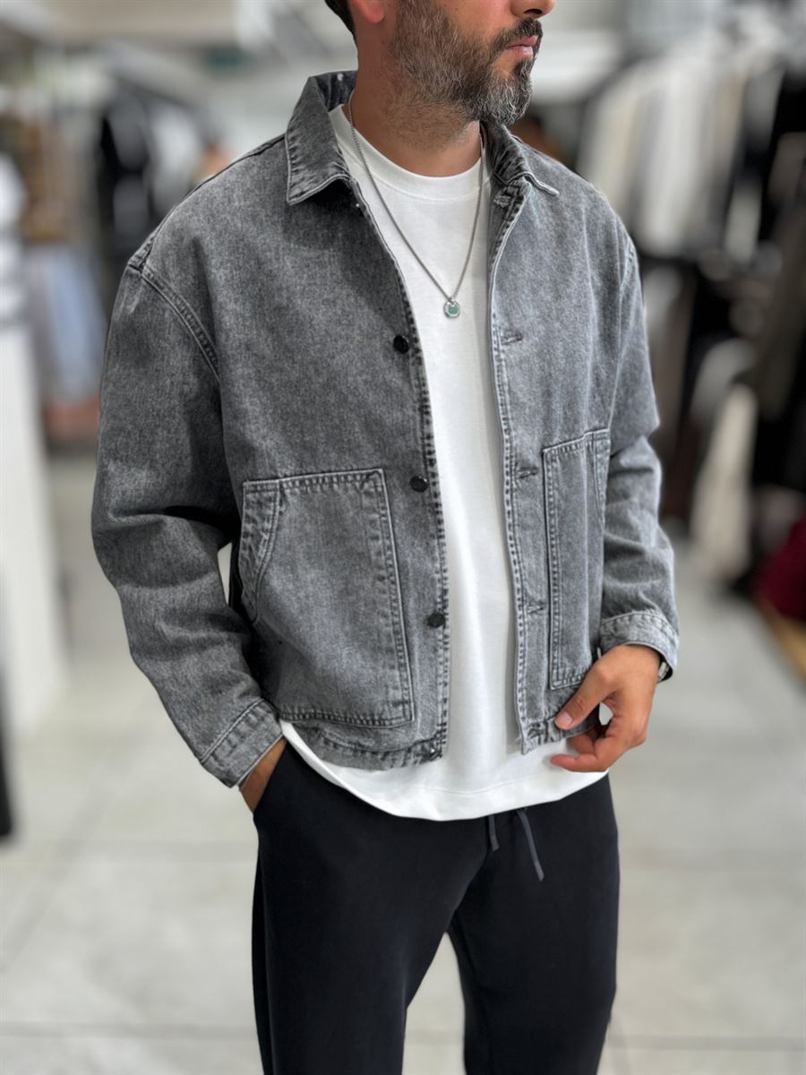 Gray Front Pocket Oversized Denim Jacket DF-3501