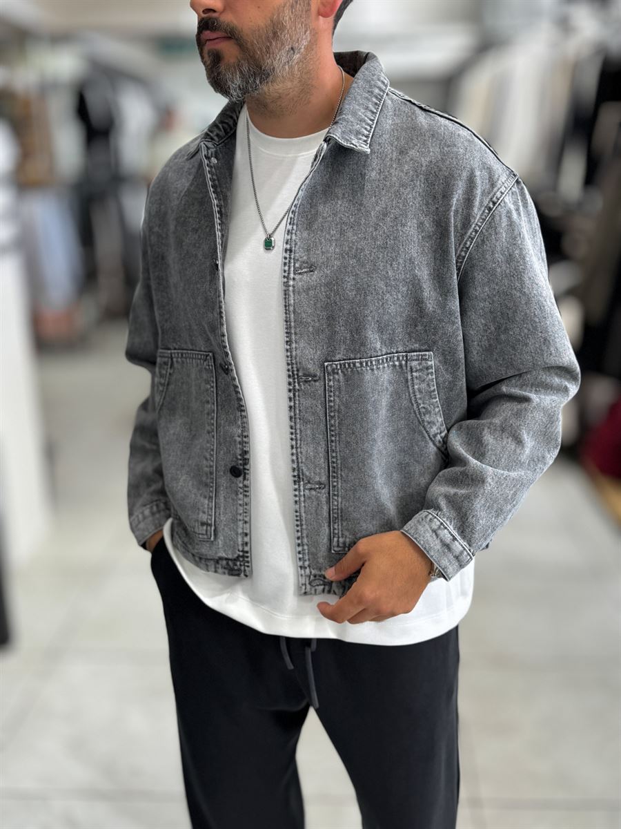 Gray Front Pocket Oversized Denim Jacket DF-3501